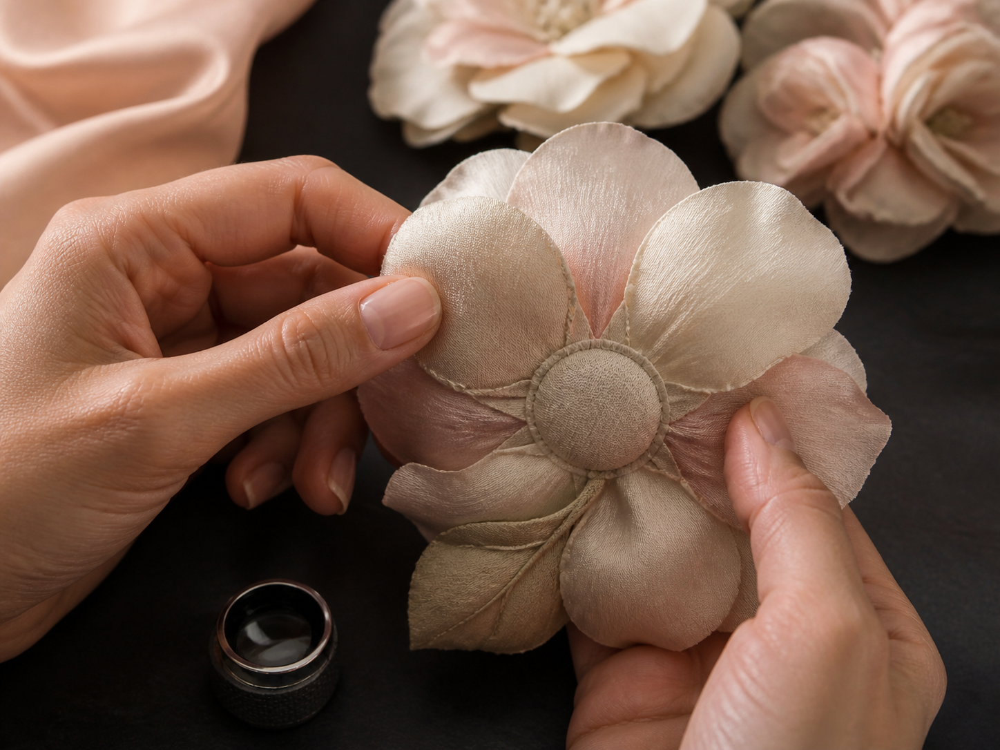 بررسی دوخت لبه گلبرگ و پشت گل پارچه‌ای دست‌ساز