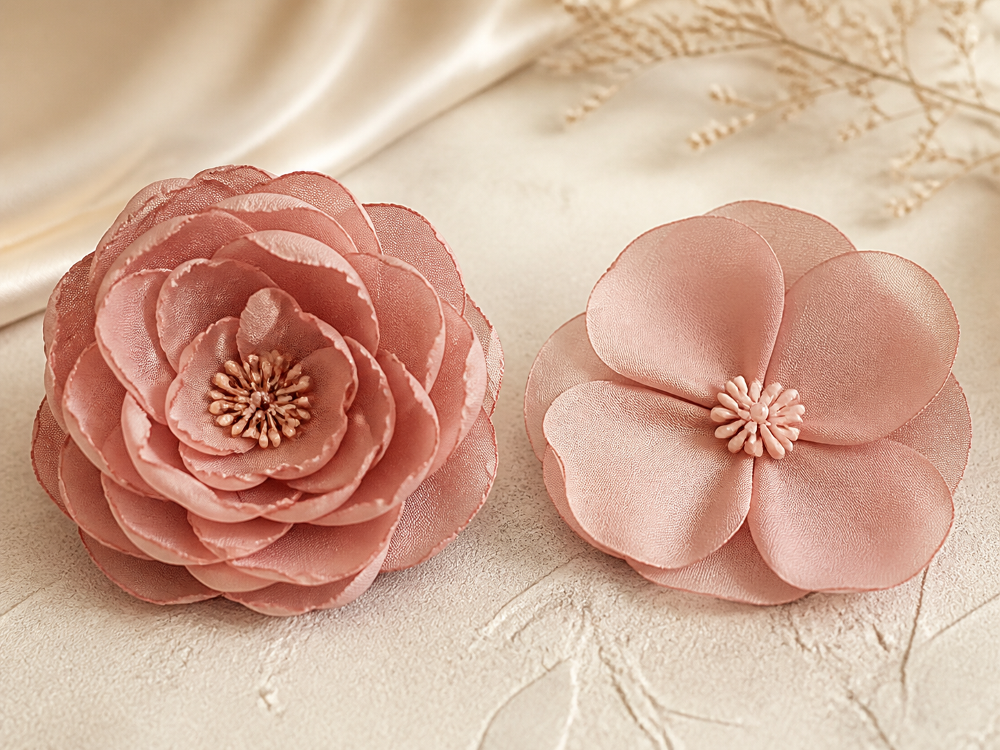 مقایسه گل پارچه‌ای دست‌ساز چندلایه با گل آماده ساده