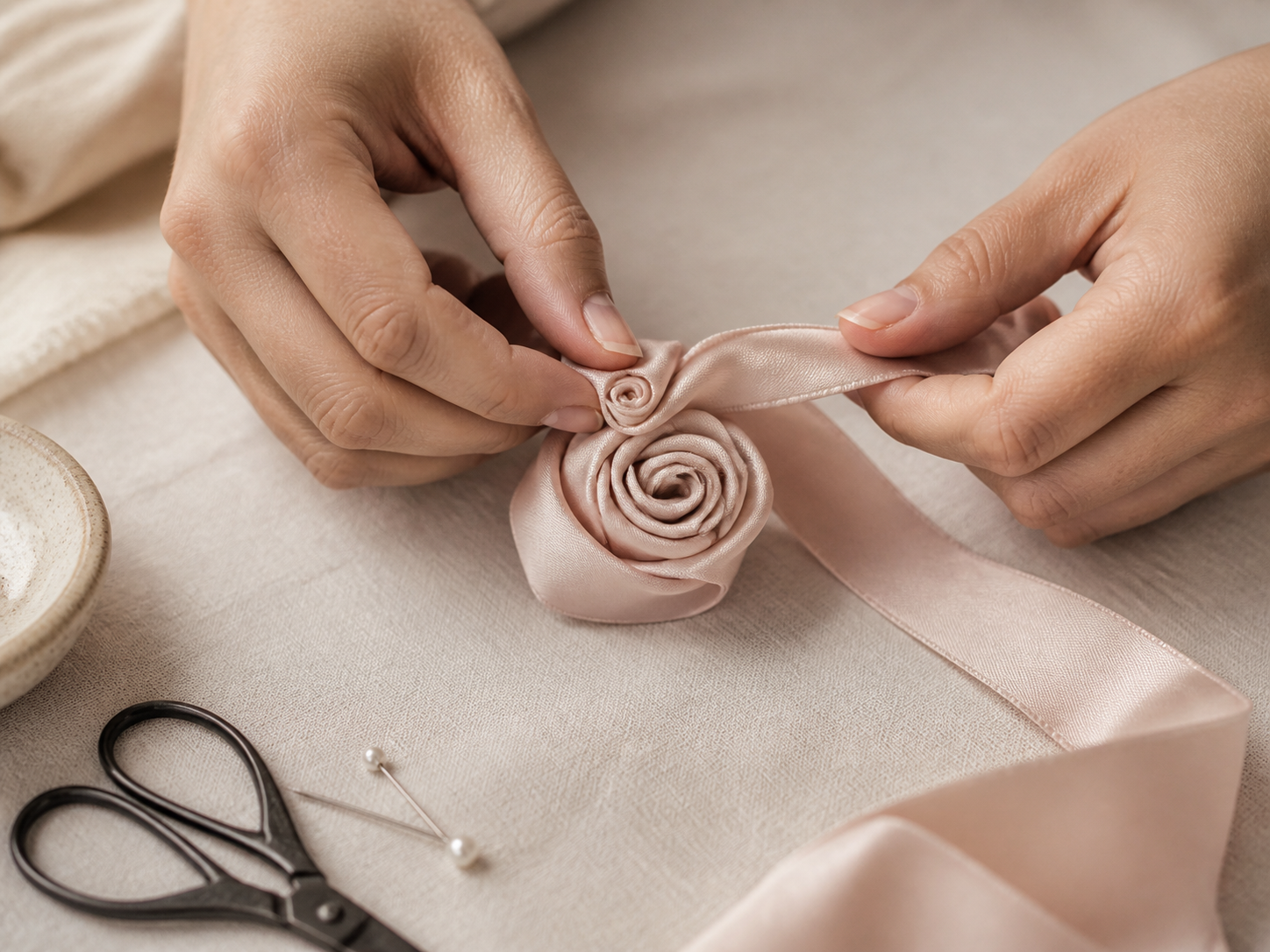 ساخت گل رز ساده با نوار پارچه‌ای ساتن